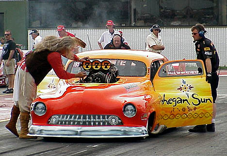 Johnny Rocca's Ironhorse Pro Mod '51 Merc has an interested onlooker in the background. Photo by Brian Wood