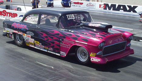 Pizzaz is a flamed 55 Chevy that runs SG thanks to a 440ci BBC. PJ Giacalone brought the car to LV from San Pedro, Calif.