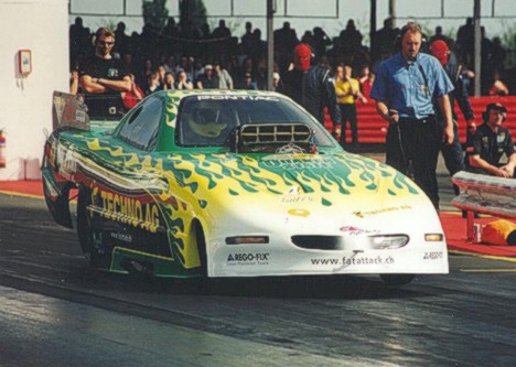 Urs Erbacher's Swiss Top Methanol Funny Car is one of Europe's top performers. Photo by Tog