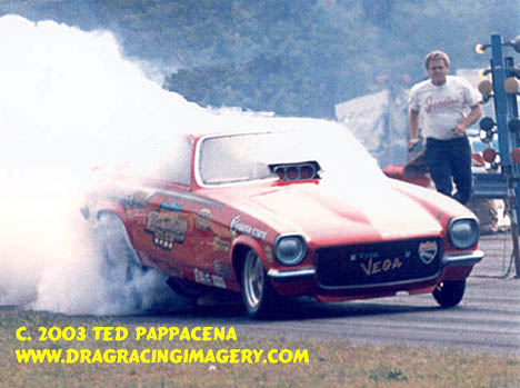 David Ray boils the hides in the Dickie Harrell Chevy Vega Funny Car. Photo by Ted Pappacena