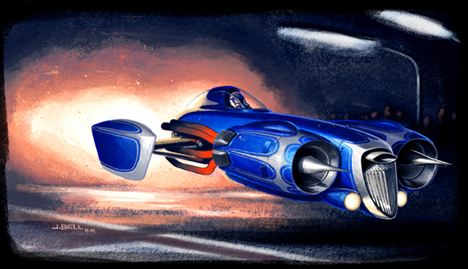 Top Fuel Jet Hovercraft Dragster, Circa 2133. Art by John Bell