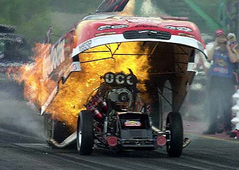 Jim Epler suffered this unbelievable explosion at NHRA St. Louis 2001. Photo by Auto Imagery