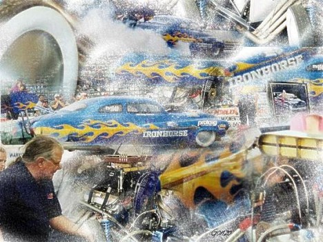 Photo collage of Johnny Rocca and the Ironhorse at Moroso Motorsports Park. Photo Art by Gonzo