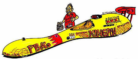 Connie Kalitta's New "Golden King Pin" dragster? Cartoon by Rick Menges