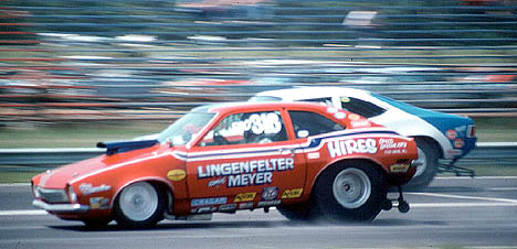 John Lingenfelter's Ford Pinto has a fender on one of the AMC machines in 1974. Photo by Peter Kumble