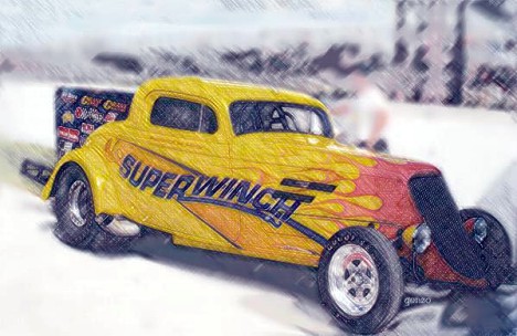 Danny O'Day's Superwinch '34 Ford Wheelstander. Photo art by Gonzo