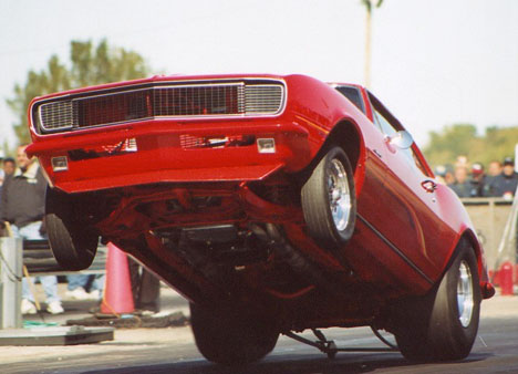 Believe it or not, this '67 Camaro got even higher during the Byron Wheelstanding Championships. Photo by Cory Janssen