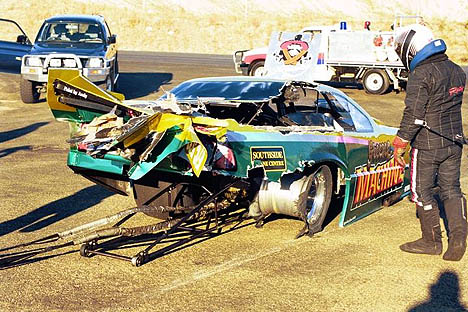 Here's the aftermath of the rear slick exploding at 275 mph. Allan Dobson kept it under control. Photo by Jon Gall
