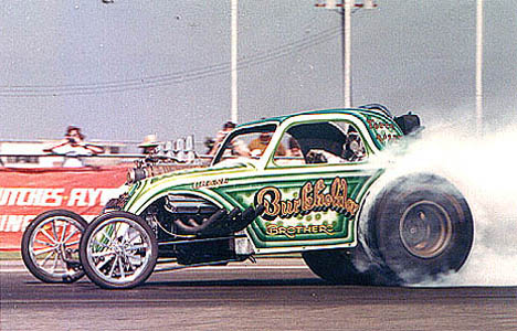 The Burkholder Bros. Fuel Fiat blazes the hides. Photo from the Drag Racing Memories Collection