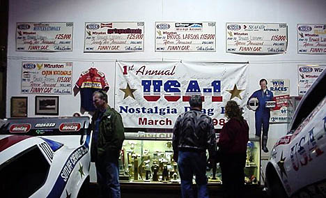 Here's just one USA-1 Hall of Fame, showing Bruce's winning NHRA checks and the banner from the first Dragfest, signed by all in attendance. Photo by Stephen Jones