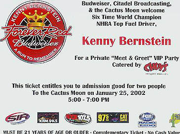 Photographer Gemar won this invitation on a radio show on KIIM FM to attend Kenny Bernstein's shindig. Scan by Pete Gemar