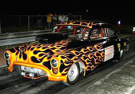 Jack Muenzer thrilled the Midway fans with his wild flamed '50 Oldsmobile. Photo by Brian Wood
