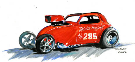The Walt's Puffer Fiat in watercolor. Racing art by Jeff Teaford